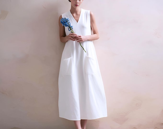 Anysize custom 100% linen V-neck sleeveless loose maxi dress with patch pockets spring summer plus size dress plus size clothing F15RL