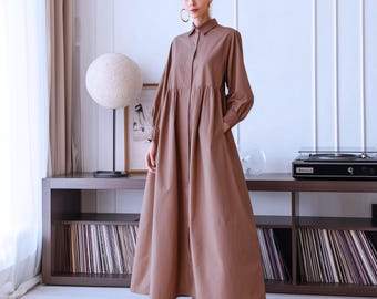 Anysize custom linen cotton shirt dress plus size dress long sleeves with pockets functional buttons spring fall plus size clothing F23PN