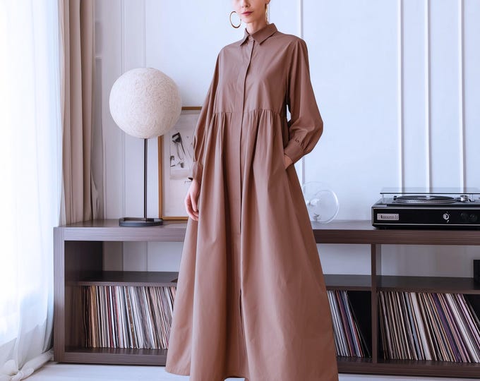 Anysize custom linen cotton shirt dress plus size dress long sleeves with pockets functional buttons spring fall plus size clothing F23PN