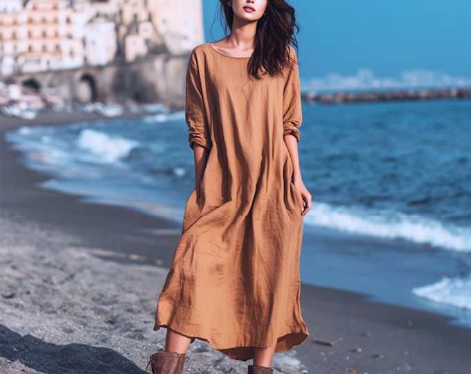 Anysize custom linen cotton long sleeves maxi dress with pockets spring fall retro plus size clothing pluse size dress F66PN