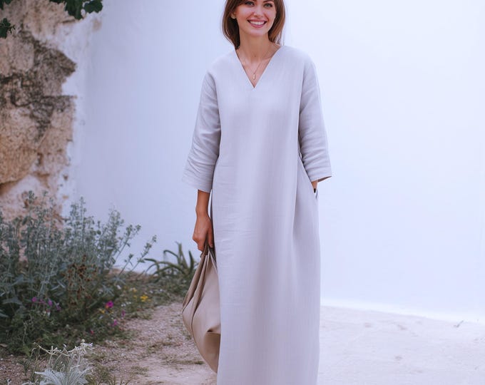 Anysize custom 100% linen 3/4 sleeves maxi dress with side pockets loose dress V neck spring fall plus size dress plus size clothing F71DL