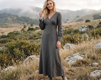 Anysize Custom Linen Cotton Maxi Dress V Neck Back Zipper Long Sleeve Dress With Pockets A Line Fall Winter Plus Size Dress F71HN