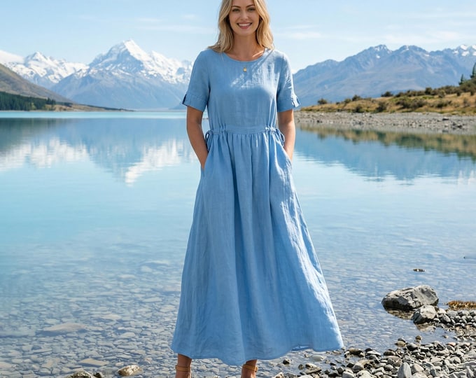 Anysize Custom 100% Linen Dress for Women Drawstring Waist A-Line Dress Side Tie Summer Dress with Slit Sleeves and Pockets F83VL