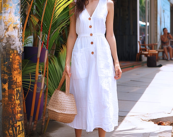 Anysize custom V-neck 100% linen sleeveless loose dress with pockets buttoned summer plus size dress plus size clothing F465L