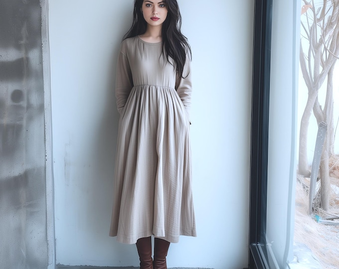 Anysize custom long sleeves linen cotton plus size dress with side pockets spring fall retro plus size clothing F893N