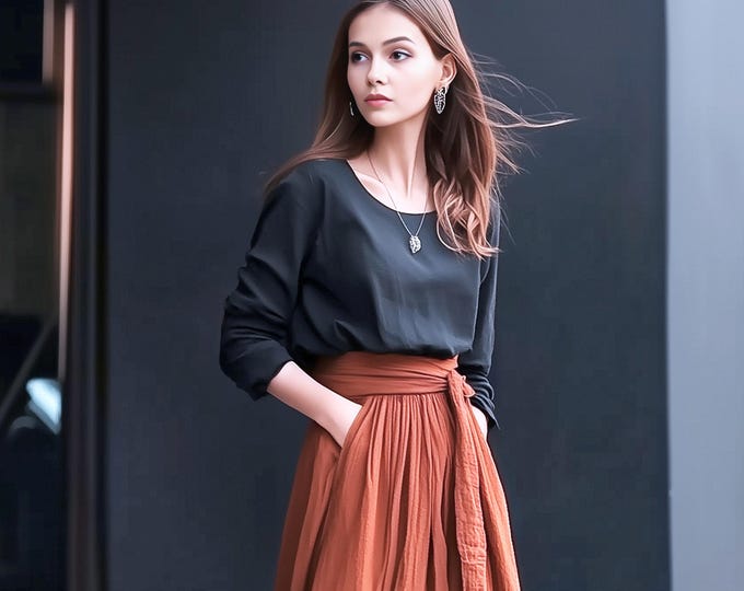 Anysize custom long sleeves 100% linen blouse round neck tops linen shirts spring fall summer plus size tops plus size clothing F10AL