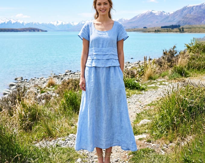 Anysize Custom 100% Linen Two Piece Look Dress Layered Waist Maxi Dress Short Sleeve Minimal Dress Elegant Summer Dress With Pockets F72WL