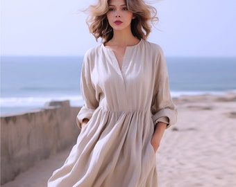 Anysize custom V-neck thick linen maxi dress with pockets long sleeves spring fall winter plus size cotton dress plus size clothing F374N