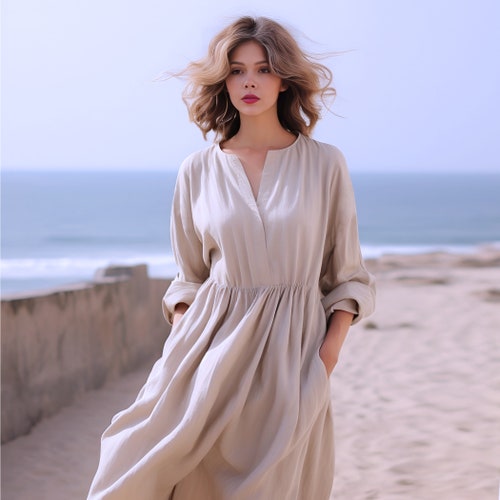 Anysize custom V-neck thick linen maxi dress with pockets long sleeves spring fall winter plus size cotton dress plus size clothing F374N