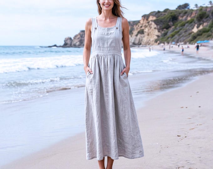 Anysize Custom 100% Linen Pinafore Dress Overall Linen Dress Sleeveless Dress Casual Linen Dress With Pockets Loose Fit Summer Dress F25VL