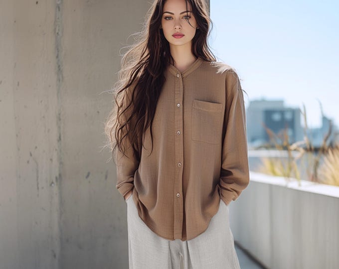 Anysize custom soft linen cotton loose blouse tops long sleeves retro spring fall casual blouse plus size shirt plus size clothing F669E