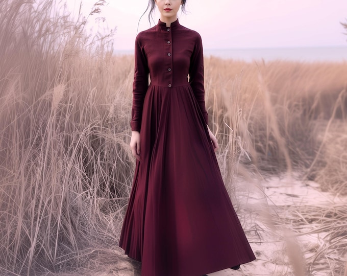 Anysize custom linen cotton stand collar plus size dress long sleeves with pockets functional buttons spring fall plus size clothing F672N