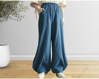 Anysize with elastic waist soft linen cotton pants casual trousers oversized wide leg pants customized plus size pants  P12Q