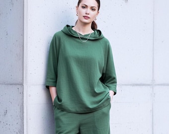 Anysize Custom Linen Cotton Hooded Tops Casual Loose Plus Size Tops With 3/4 Sleeves Plus Size Clothing Spring Fall Tops F21TN