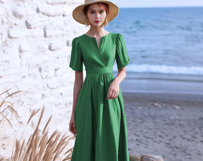 Anysize custom puff sleeves 100% linen V-neck dress with belt side pockets spring summer maxi plus size dress plus size clothing F92AL