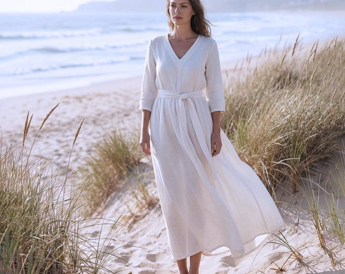 Anysize Custom V Neck Dress With 3/4 Sleeves Soft Linen Cotton Dress Side Pockets Spring Fall Plus Size Dress Plus Size Clothing F65TE