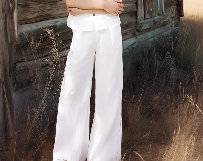 Anysize custom 100% linen pants with patch pockets elastic waist maxi length pants spring summer plus size pants plus size clothing F22YL