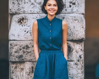 Anysize custom 100% linen sleeveless buttoned blouse loose tops summer undershirt plus size tops plus size clothing F91JL