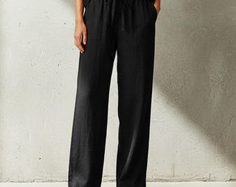 Anysize Custom 100% Linen Wide Leg Pants Elastic Waist Drawstring Trousers Relaxed Summer Palazzo Plus Size Pants Plus Size Clothing F66UL
