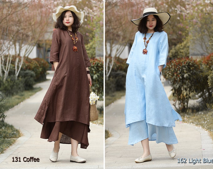 Anysize with side pockets 100% linen flowy maxi dress casual loose spring summer plus size dress plus size clothing F147L