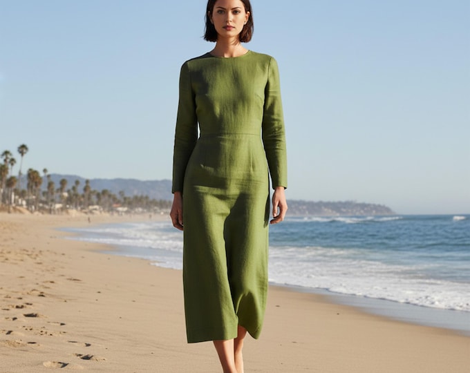 Anysize Custom Long Sleeves Soft Linen Cotton Zippered Dress With Sides Slit Plus Size Dress Spring Fall Plus Size Clothing F50SE