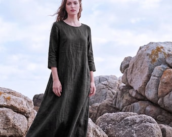 Anysize Custom Linen Cotton 3/4 Sleeves Maxi Dress With Pockets Spring Fall Retro Plus Size Dress Plus Size Clothing F10FN