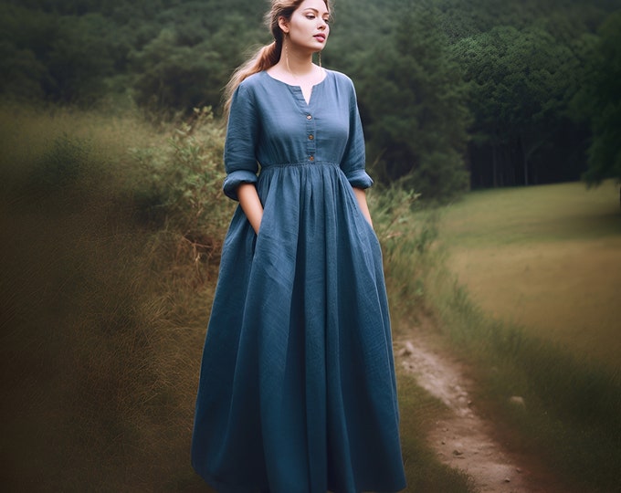 Anysize custom V-neck functional buttons long sleeves linen cotton dress with pockets spring fall retro plus size clothing F398N