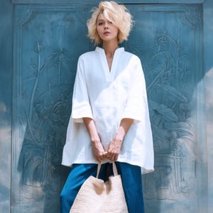 あらゆるサイズのカスタムVネック100％リネンオーバーサイズ3/4スリーブトップスプラスサイズロングシャツプラスサイズトップス春夏プラスサイズ衣類F90JL