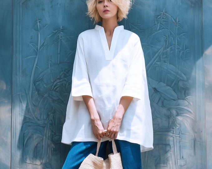 Anysize custom V neck 100% linen oversized 3/4 sleeves tops plus size long shirt plus size tops spring summer plus size clothing F90JL