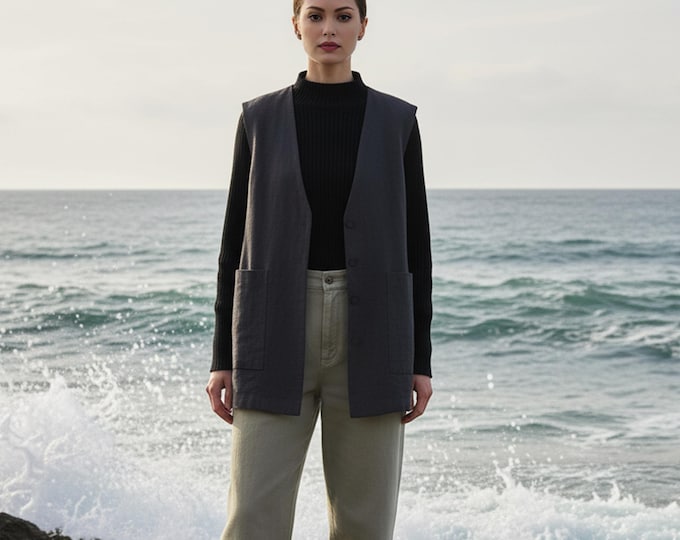 Anysize Custom Linen Cotton Long Vest Loose Tops With Patch Pockets Plus Size Vest Spring Fall Retro Plus Size Tops Plus Size Clothing F32TN