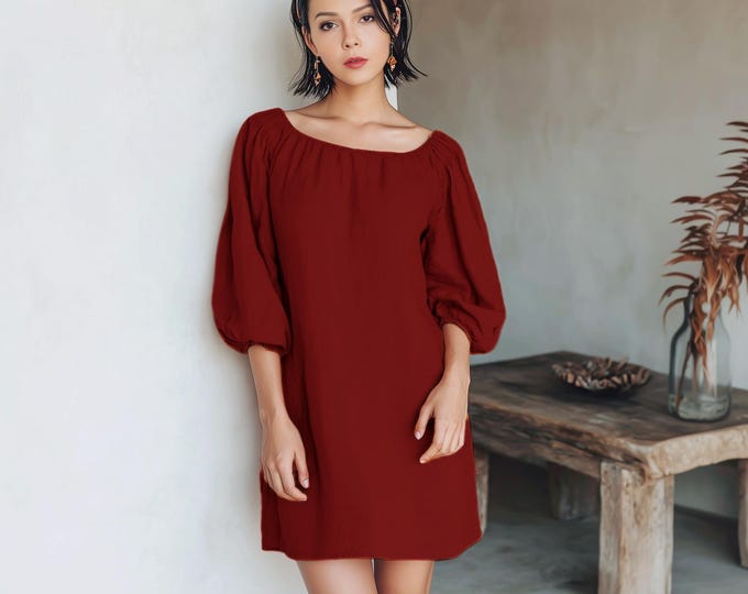 Anysize tunic dress wide gathered neck 3/4 sleeves elastic cuff linen cotton plus size dress spring fall plus size clothing F96YE