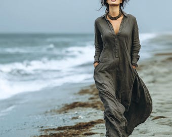 Anysize custom soft linen cotton long sleeves plus size dress with side pockets functional buttons spring fall pluse size clothing F78PE