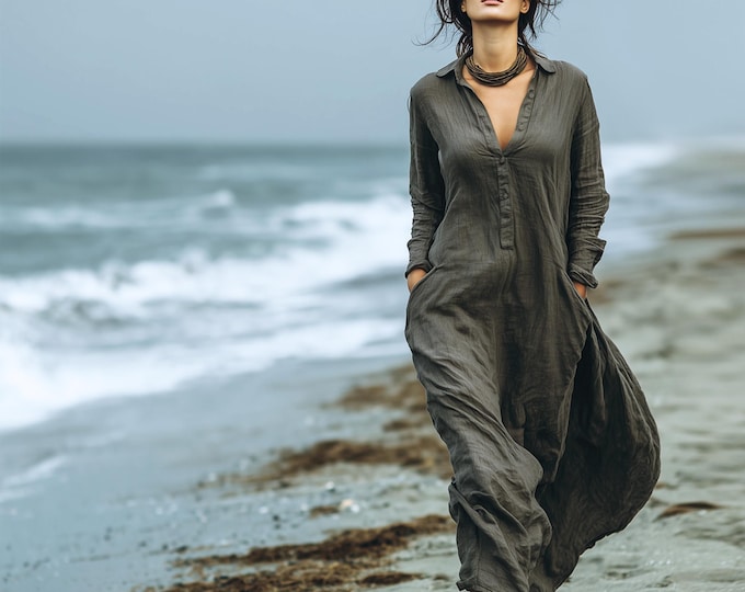 Anysize custom soft linen cotton long sleeves plus size dress with side pockets functional buttons spring fall pluse size clothing F78PE