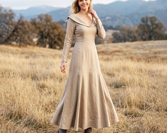 Anysize Custom Linen Cotton Maxi Dress Back Zipper Long Sleeve Dress With Pockets Wide Collar A Line Fall Winter Plus Size Dress F60HN