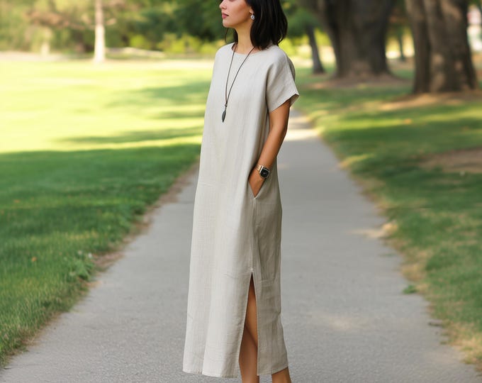 Anysize custom 100% linen dress with side pockets short sleeves spring summer side split plus size dress plus size clothing F35JL