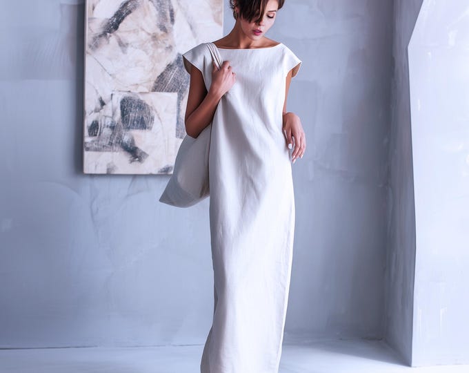 Anysize custom boat neck 100% linen cap sleeves summer maxi dress with side pockets back long slit plus size dress plus size clothing F92DL