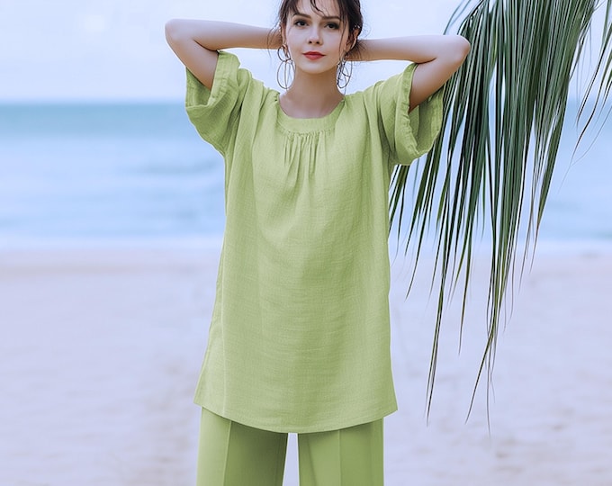 Anysize custom 100% linen 3/4 sleeves casual loose tops side slit plus size shirt women linen blouse spring summer plus size clothing F31CL