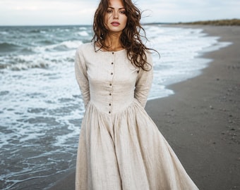 Anysize Custom Soft Linen Cotton Long sleeves Plus Size Maxi Dress With Functional Buttons Round Neck Side Pockets Plus Size Clothing F67PE