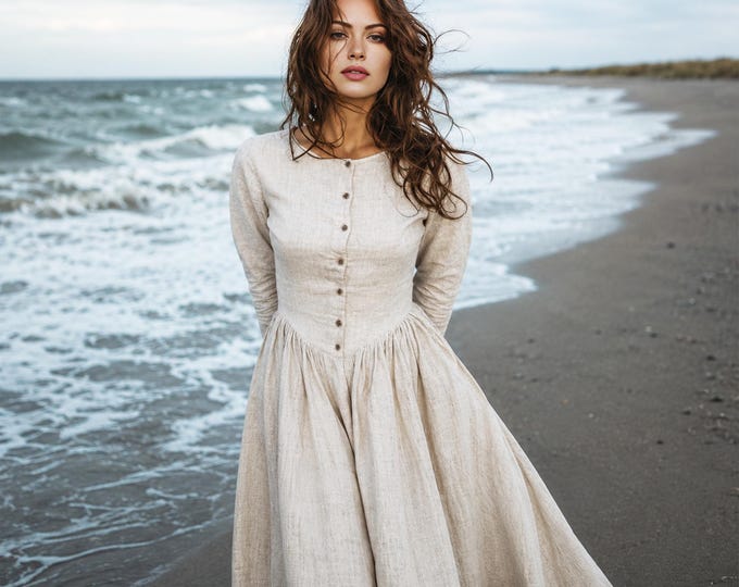 Anysize Custom Soft Linen Cotton Long sleeves Plus Size Maxi Dress With Functional Buttons Round Neck Side Pockets Plus Size Clothing F67PE
