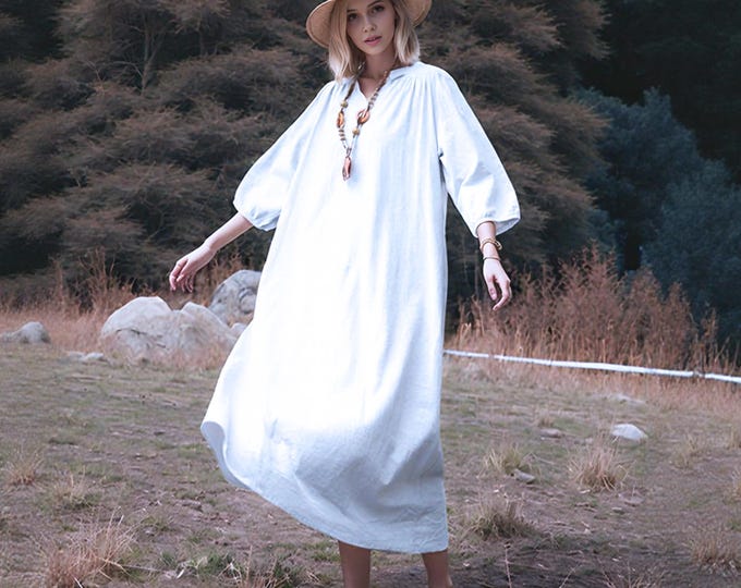 Anysize linen cotton 3/4 puff sleeve women spring summer fall plus size maxi dress with side pockets plus size clothing F81CQ
