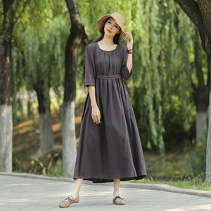 Anysize neoclassical maxi dress with 3/4 sleeves side pockets pleated dress linen cotton soft loose dress spring summer T57A