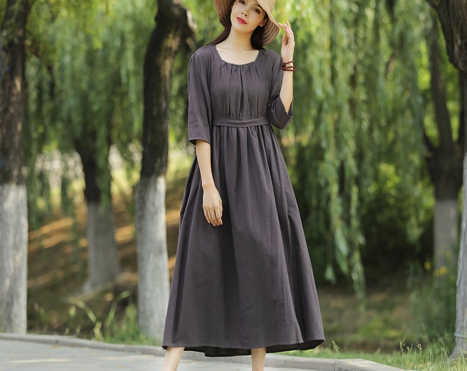 Anysize neoclassical maxi dress with 3/4 sleeves side pockets pleated dress linen cotton soft loose dress spring summer T57Q