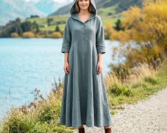 Anysize Custom Hooded Linen Cotton Maxi Dress Button Front A Line 3/4 Sleeve Dress Fall Winter Plus Size Dress With Pockets F27FN