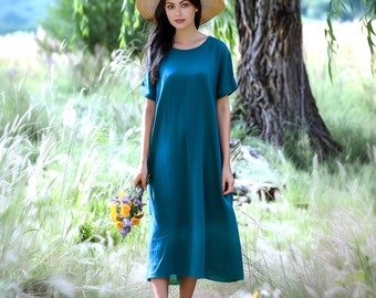 Anysize custom 100% linen short sleeves loose maxi dress with side pockets retro spring summer plus size dress plus size clothing F489L