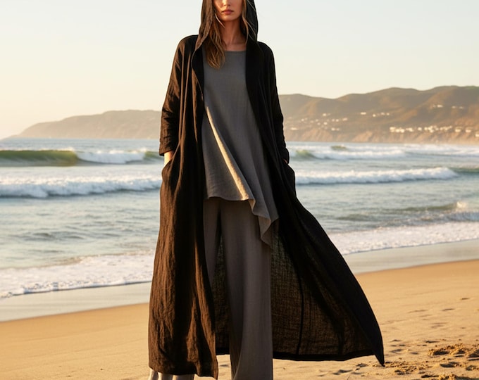 Anysize Custom Cardigan Soft Linen Cotton Long Sleeves Coat With Hood Side Pockets Spring Fall Plus Size Cardigan Plus Size Clothing F17TE