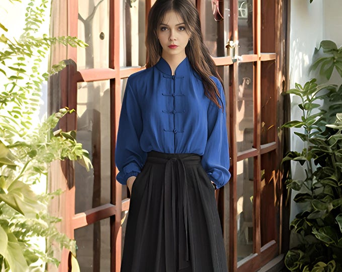 Anysize custom soft linen cotton shirt with handmade buttons retro spring fall casual blouse plus size tops plus size clothing F981E