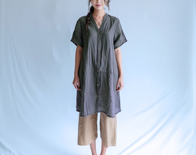 Anysize custom 100% linen midi long shirt dress V neck short sleeves with buttons plus size dress plus size clothing F498L