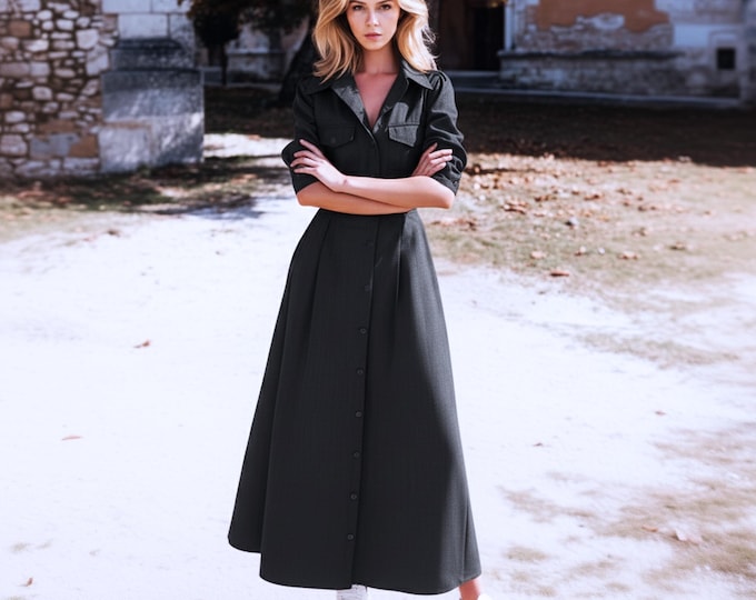Anysize Custom Shirt Dress Tailored Linen Cotton Plus Size Dress Long Sleeves With Pockets Functional Buttons Spring Fall Clothing F34SN