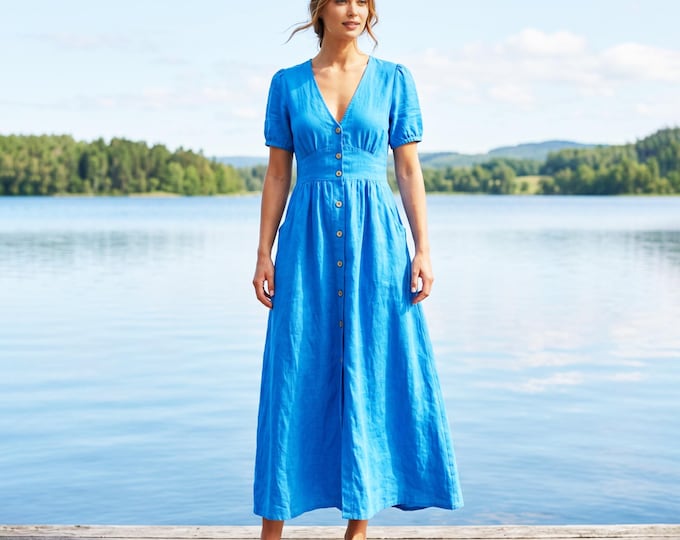 Anysize Custom 100% Linen Maxi Dress V Neck Button Down Long Dress High Waist A-Line Dress Summer Casual Dress with Pockets F15WL