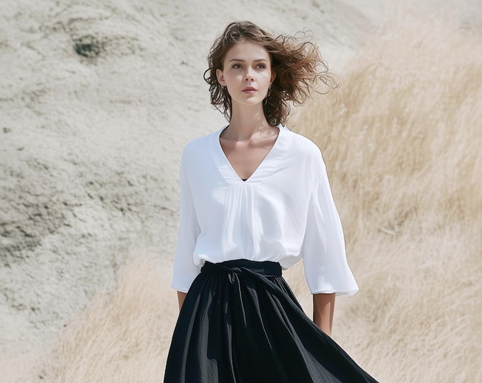 Anysize custom 100% linen blouses 3/4 sleeves classic casual loose summer shirt v neck t-shirts plus size tops plus size clothing F6DL